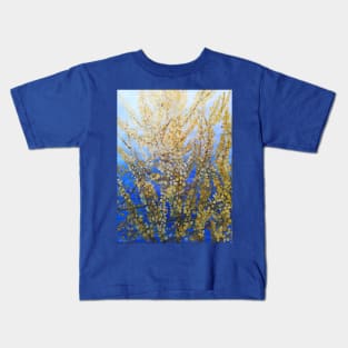 Yellow forsythia blossom against a blue background Kids T-Shirt